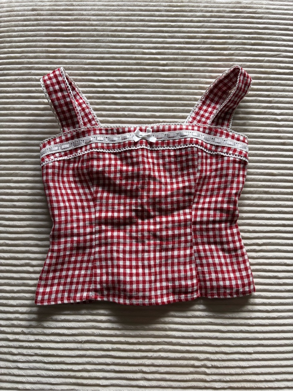 Reformation Red and White Gingham Lace-Trim Camisole Size 2